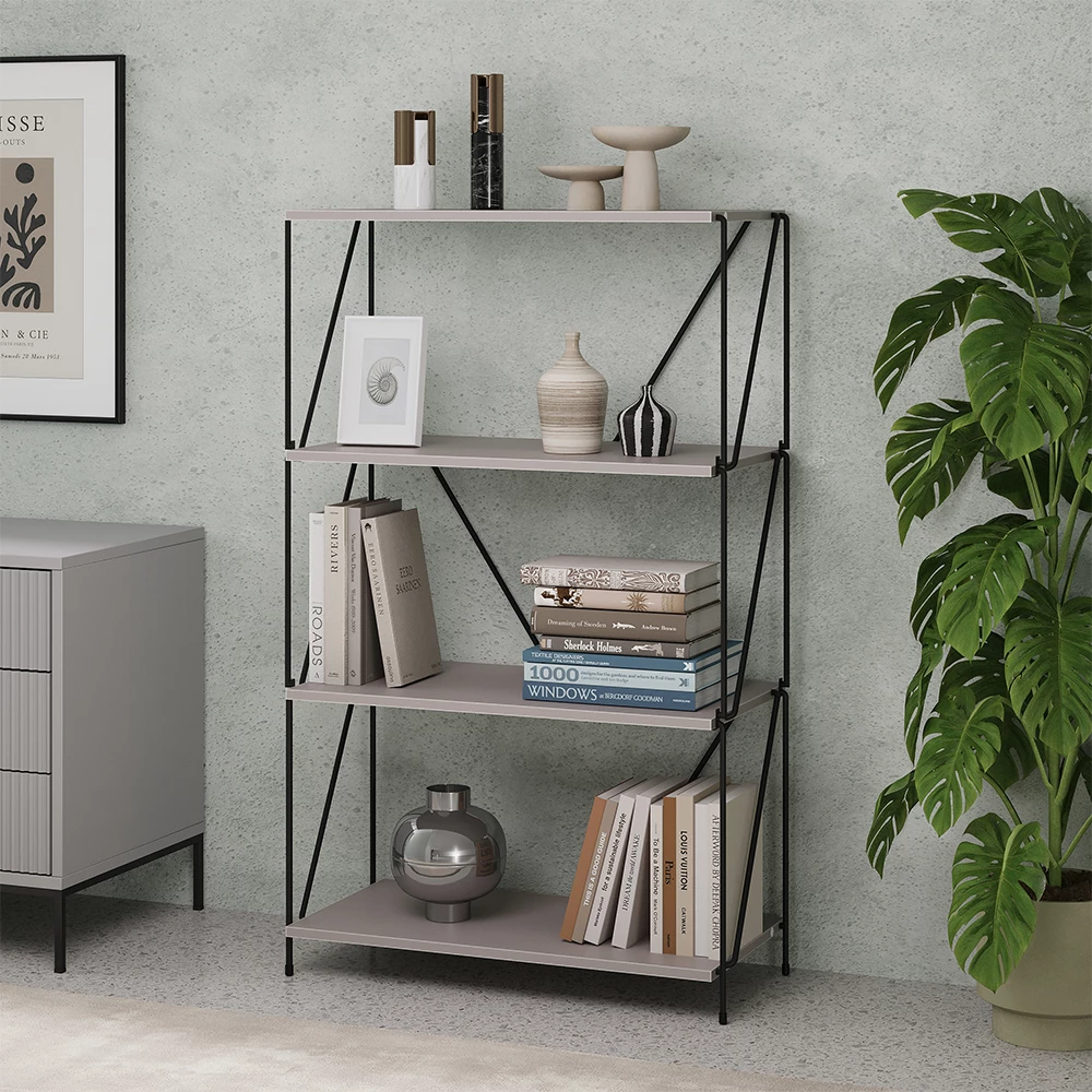 Bücherregal in Greige/Schwarz auf weißem Hintergrund