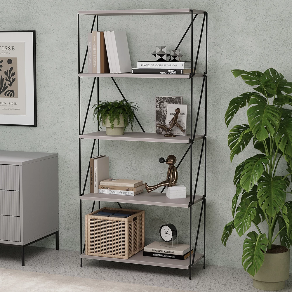 Bücherregal in Greige/Schwarz auf weißem Hintergrund