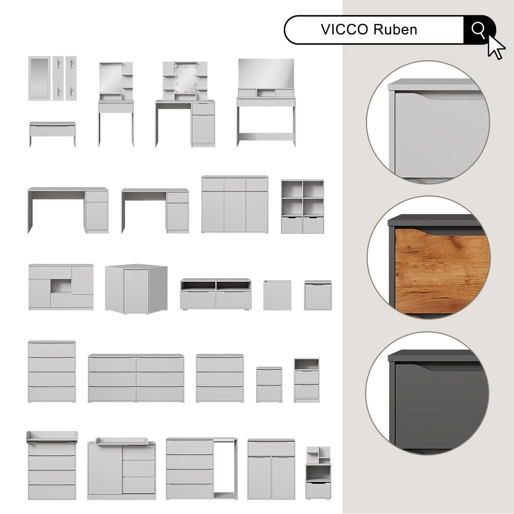 Kommode in Goldkraft Eiche auf weißem Hintergrund mit dekorativen Elementen. Produktbezeichnung: livinity® Badschrank Weiß 80.2 x 101.9 cm, Ruben