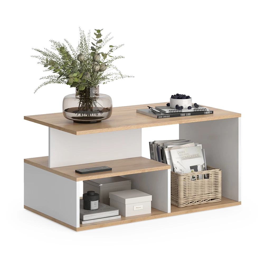 Mesa de centro en Oro potencia roble/blanco sobre fondo blanco con elementos decorativos