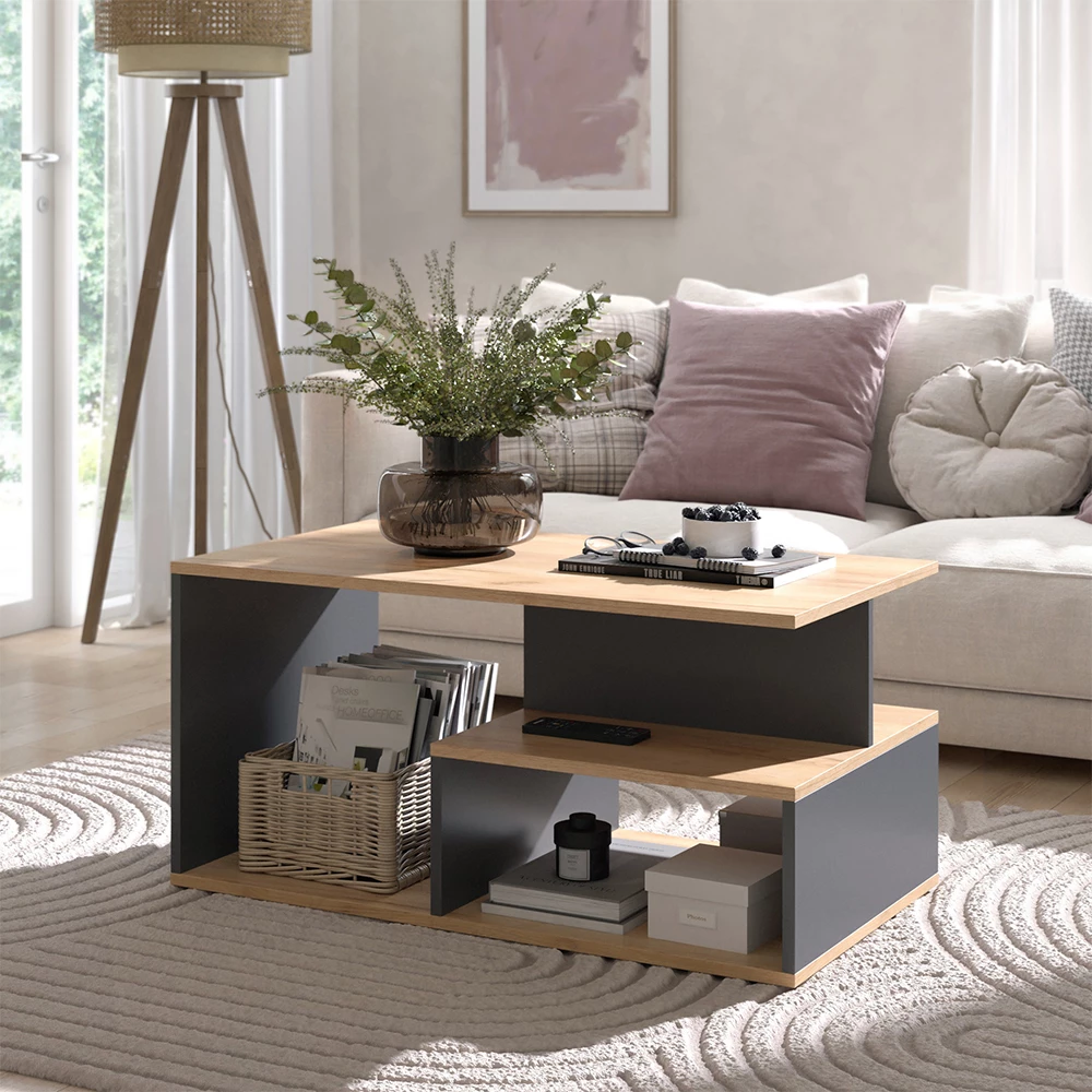 Mesa de centro en Oro power roble/antracita sobre fondo blanco con elementos decorativos