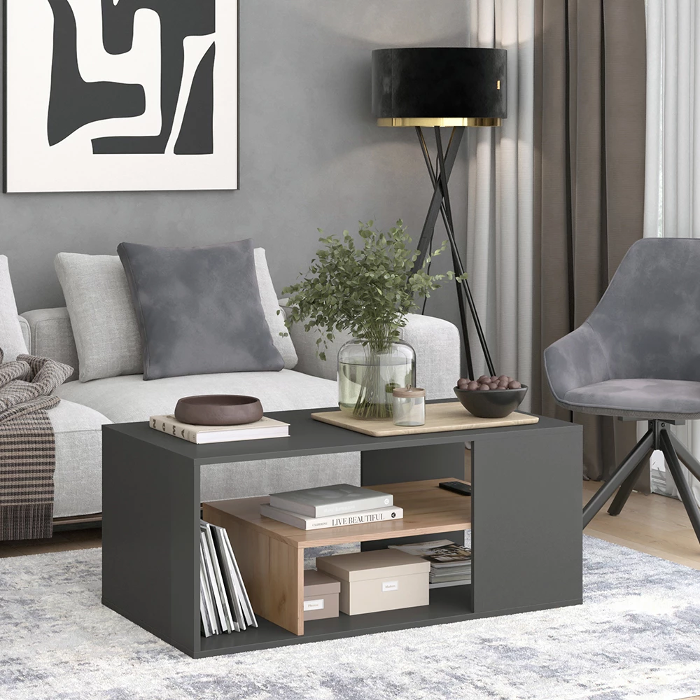 Coffee table in Anthracite/golden oak on white background with decorative elements