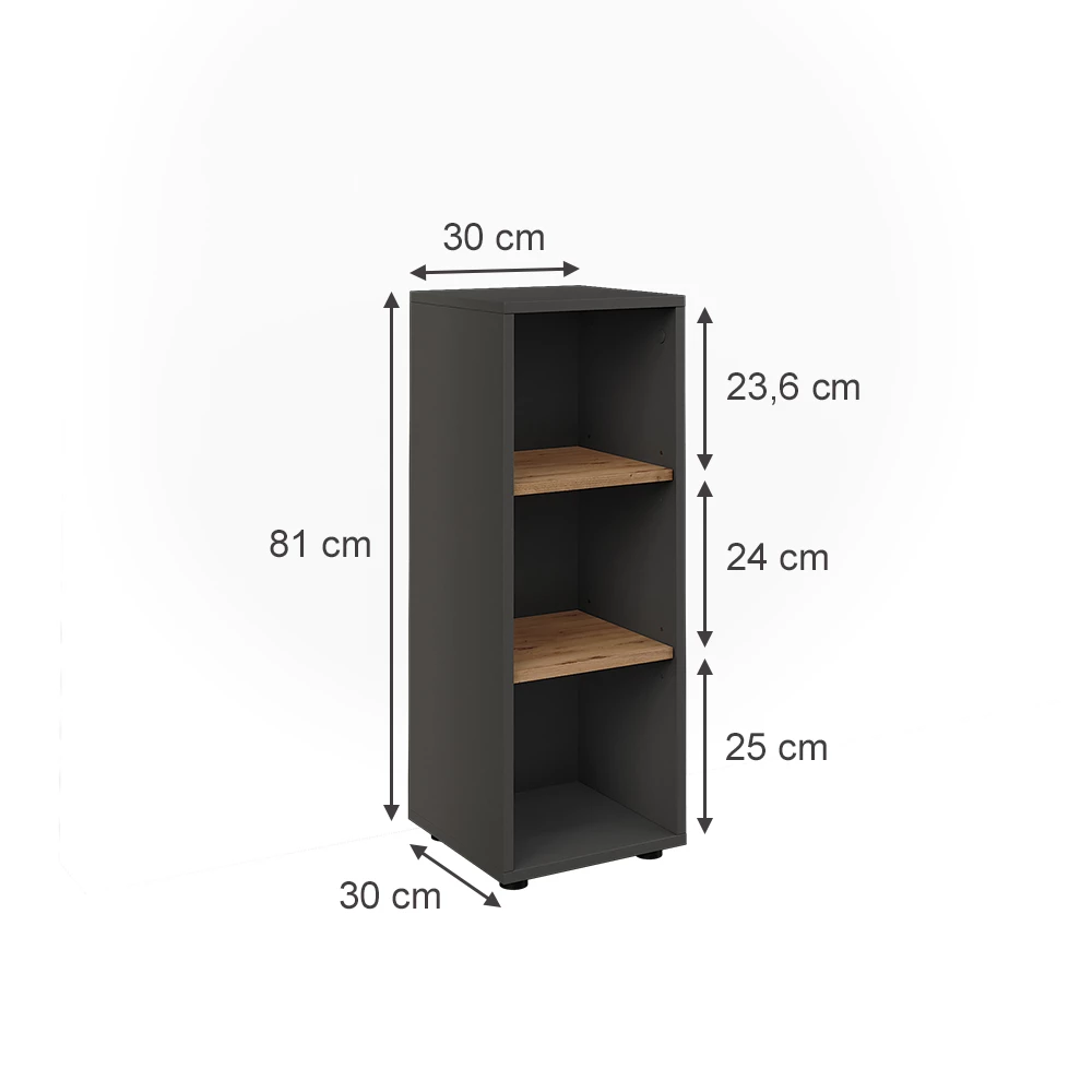 Midischrank in Anthrazit/Artisan auf weißem Hintergrund mit sichtbaren Maßen