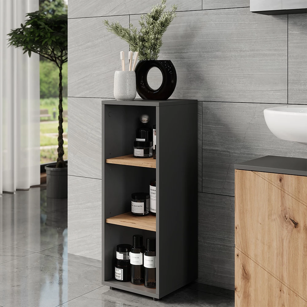 Midischrank in Anthrazit/Artisan, dargestellt im Ambiente mit Dekoration