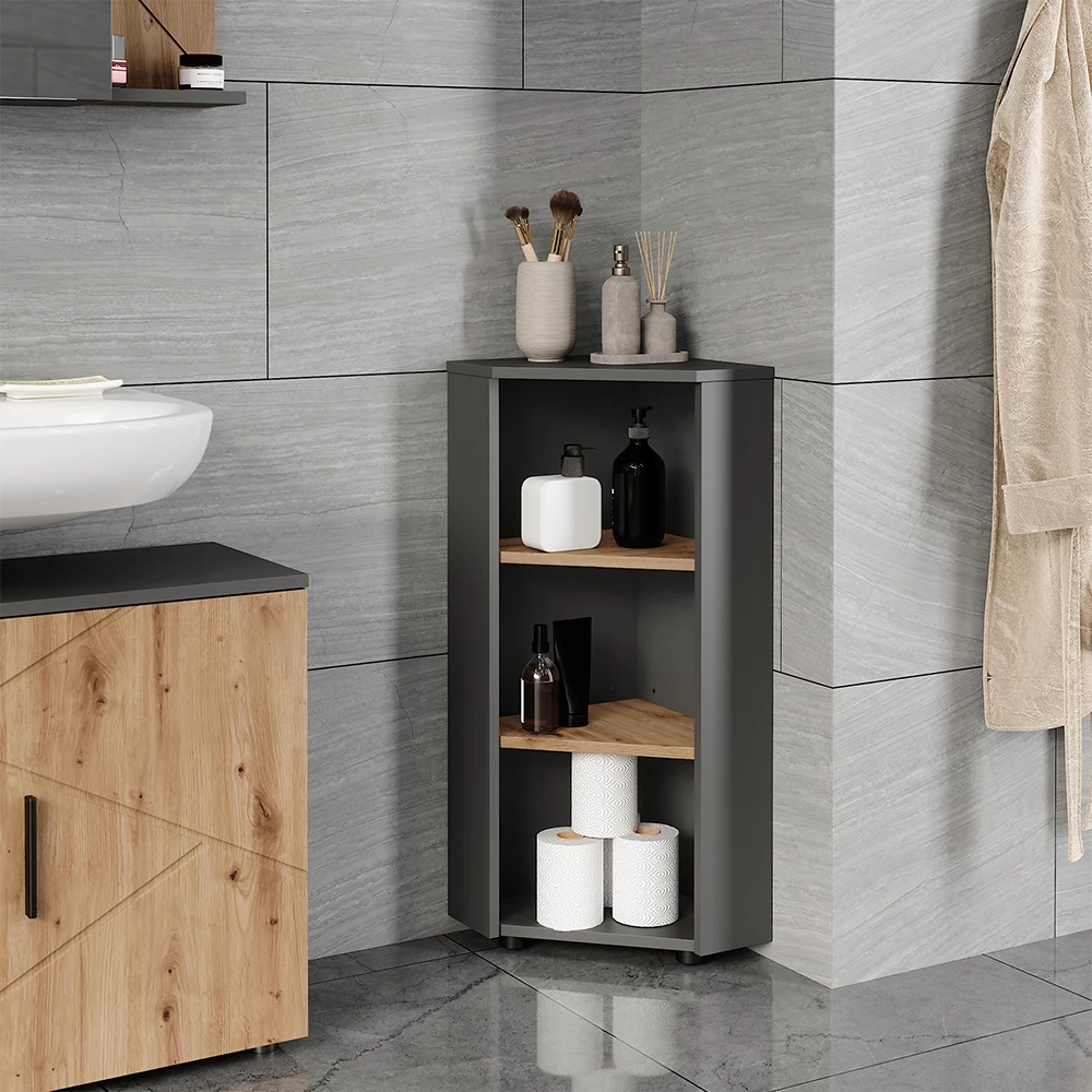 Hoek tussenkast in Antraciet/Artisan, getoond in een sfeervolle omgeving met decoratie