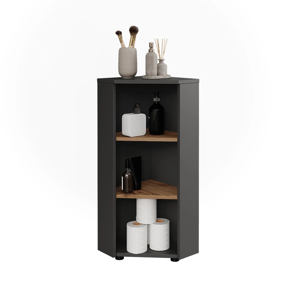Hoek tussenkast in Antraciet/Artisan op een witte achtergrond met decoratieve elementen