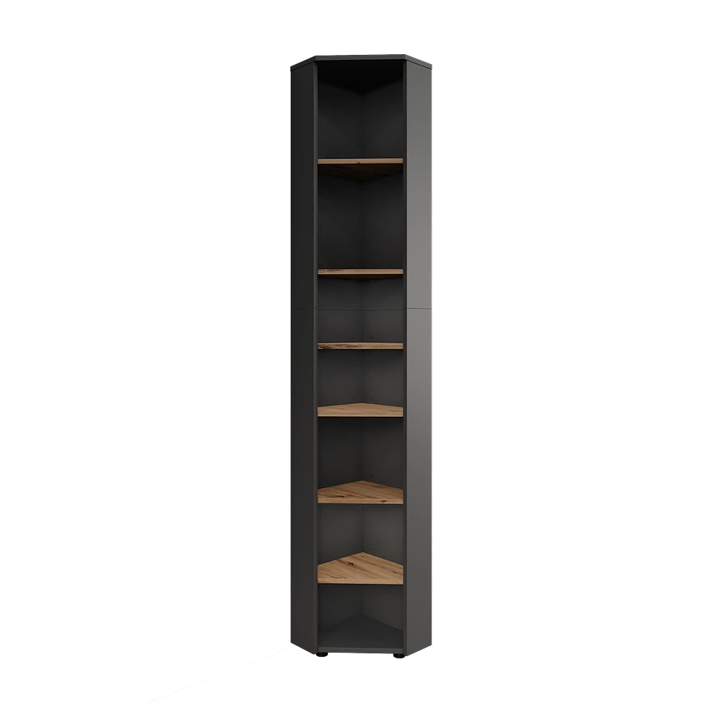 Eckhochschrank in Anthrazit/Artisan auf weißem Hintergrund