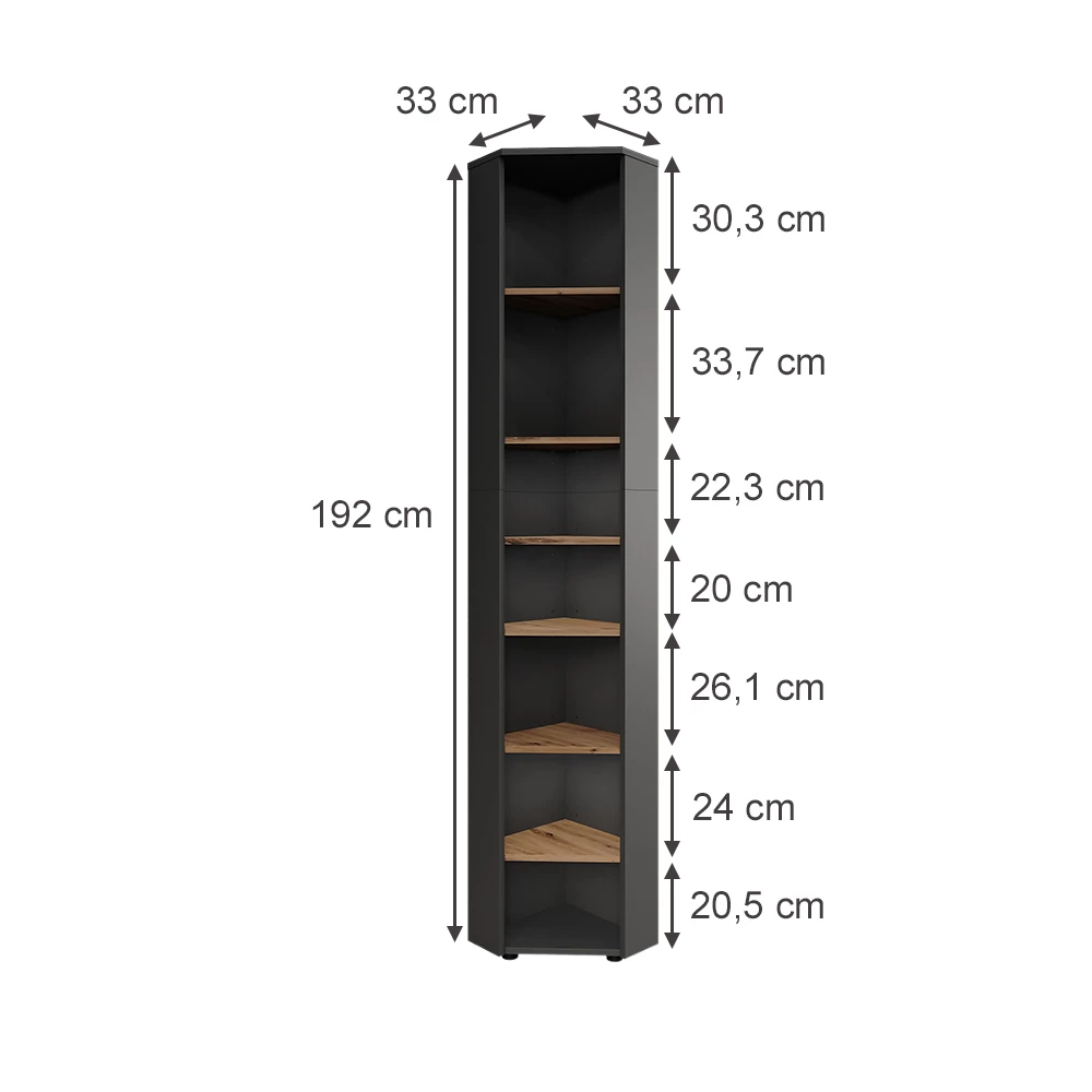 Eckhochschrank in Anthrazit/Artisan auf weißem Hintergrund mit sichtbaren Maßen