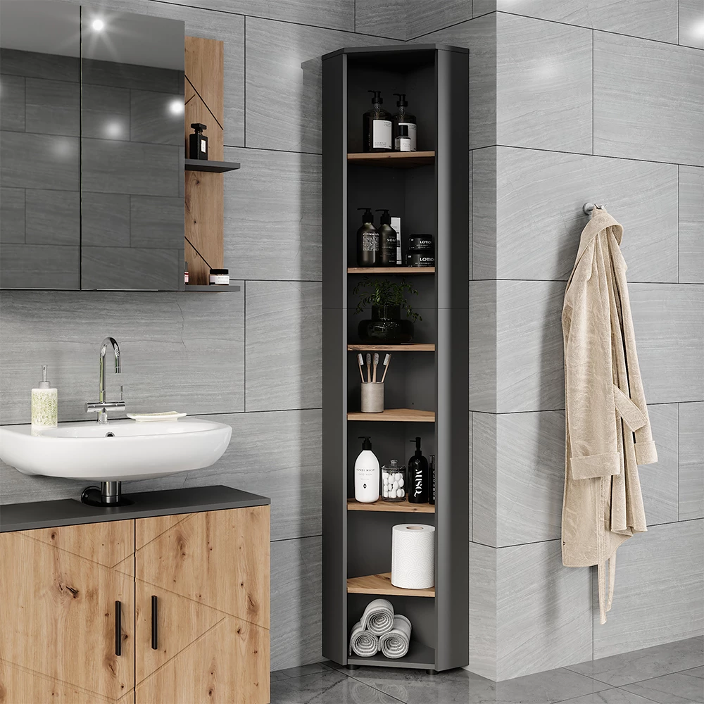 Eckhochschrank in Anthrazit/Artisan, dargestellt im Ambiente mit Dekoration