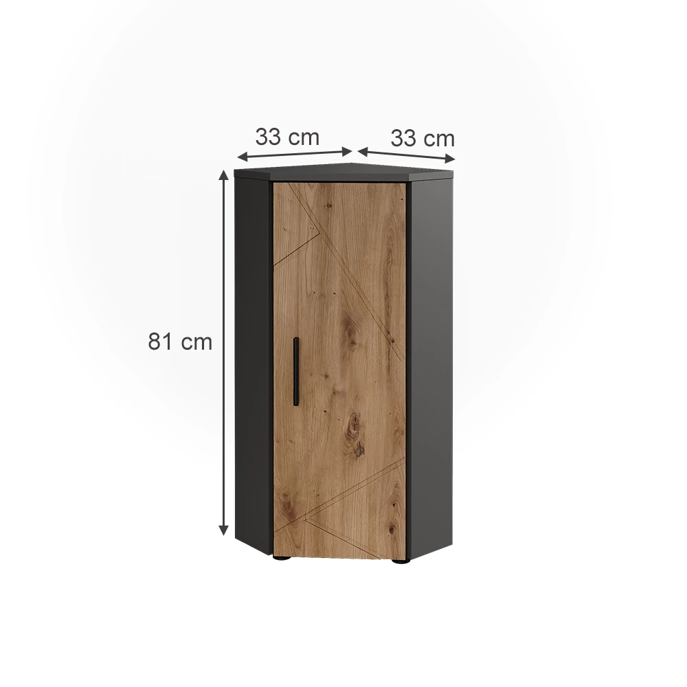 Mobiletto angolare in Antracite/Artisan su sfondo bianco con dimensioni visibili