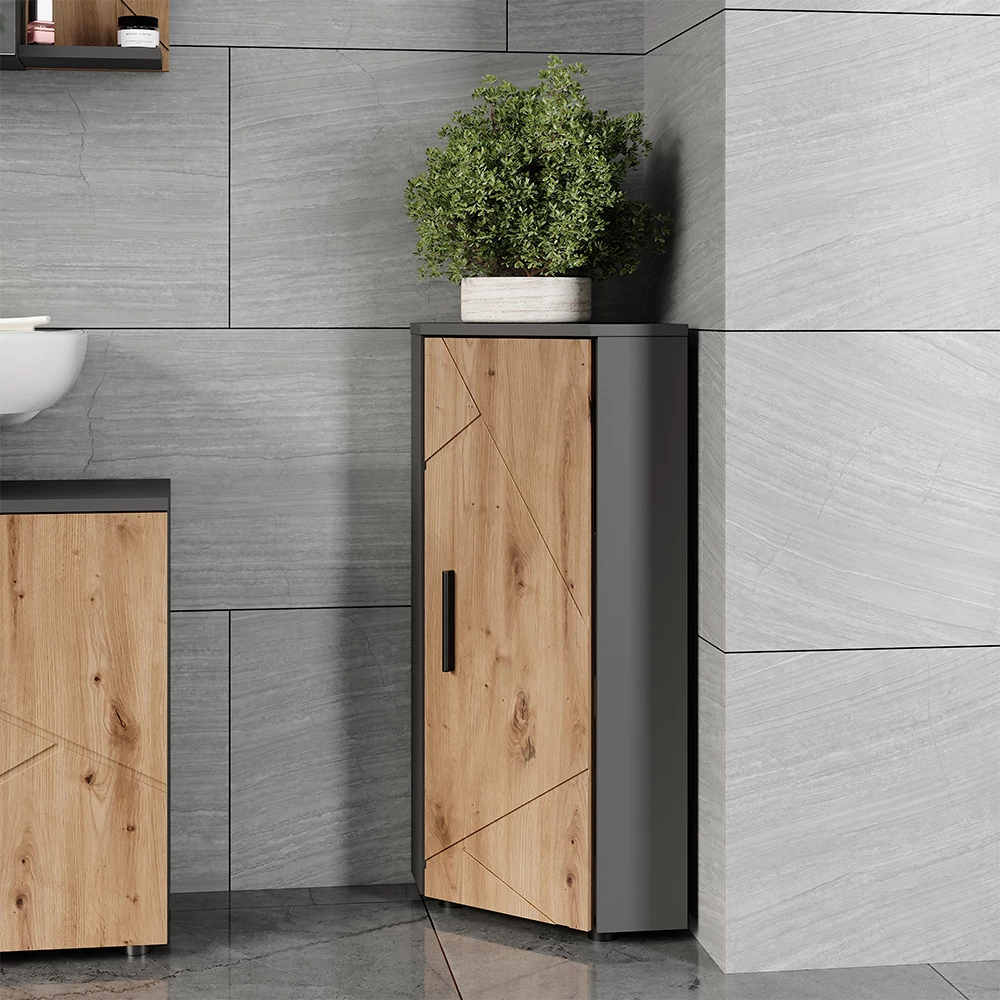 Mobiletto angolare in Antracite/Artisan, mostrato in un ambiente ambientale con decorazioni