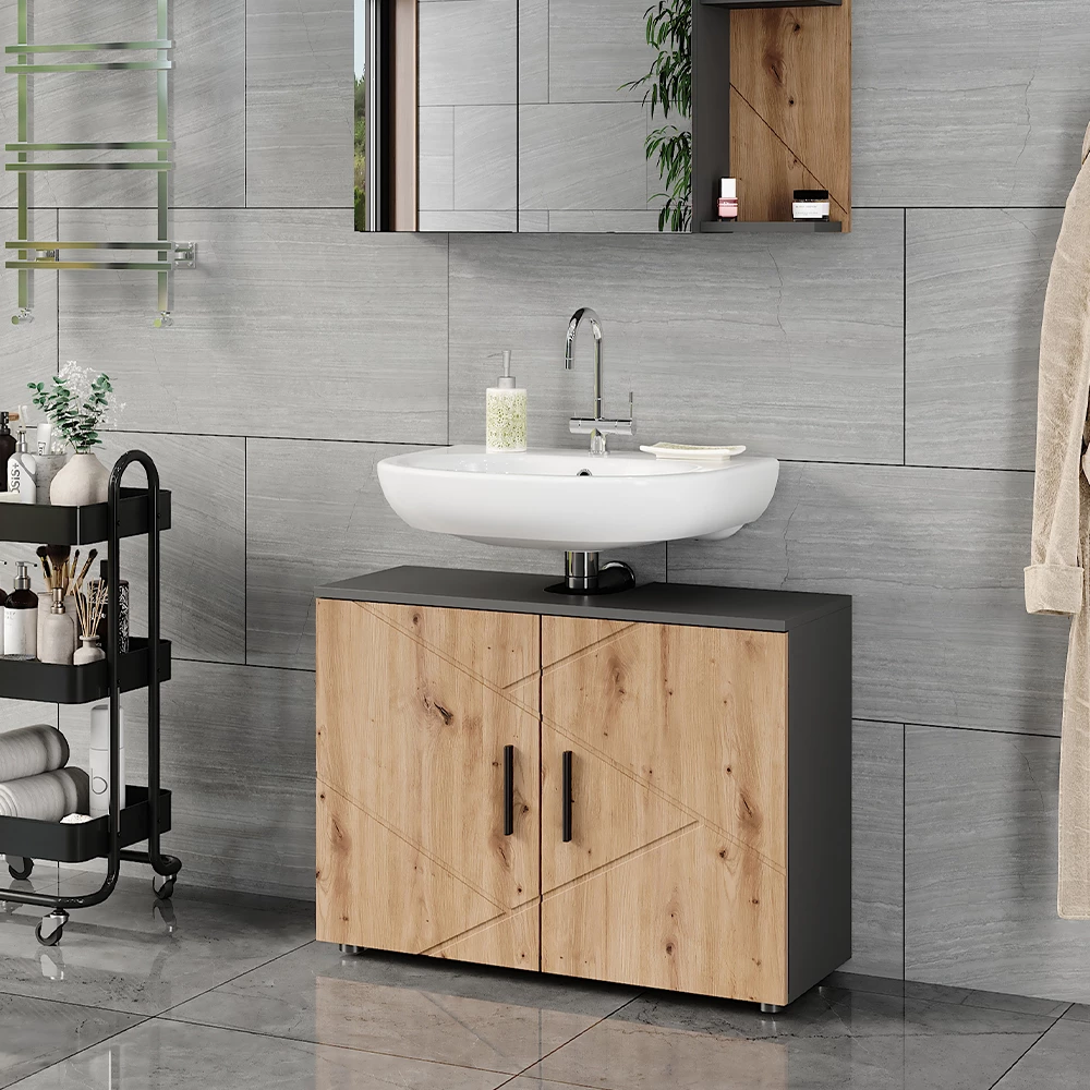 Badmeubel in Antraciet/Artisan, getoond in een sfeervolle omgeving met decoratie