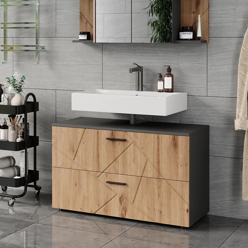 Mobiletto per lavabo in Antracite/Artisan, mostrato in un ambiente ambientale con decorazioni