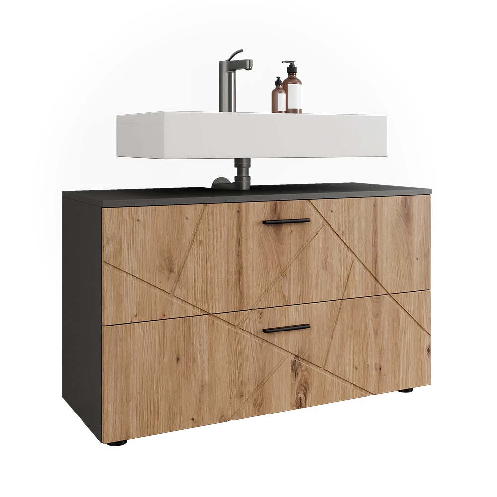 Mobiletto per lavabo in Antracite/Artisan su sfondo bianco con elementi decorativi