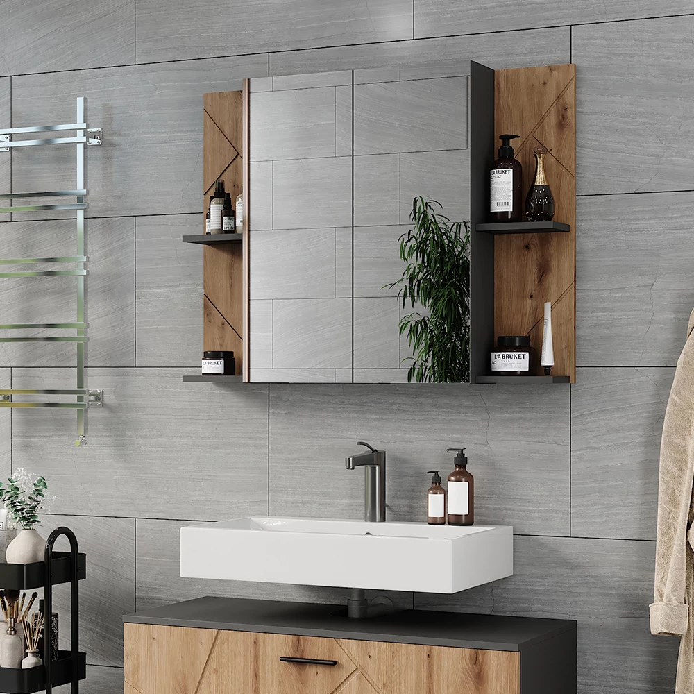 Badkamer spiegelkast in Antraciet/Artisan, getoond in een sfeervolle omgeving met decoratie