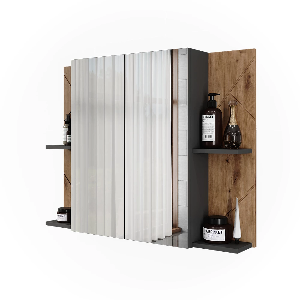 Badkamer spiegelkast in Antraciet/Artisan op een witte achtergrond met decoratieve elementen