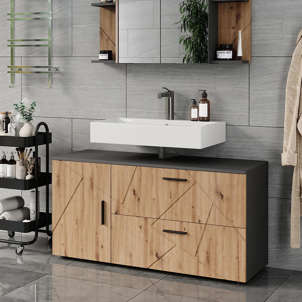 Waschbeckenunterschrank in Anthrazit/Artisan, dargestellt im Ambiente mit Dekoration