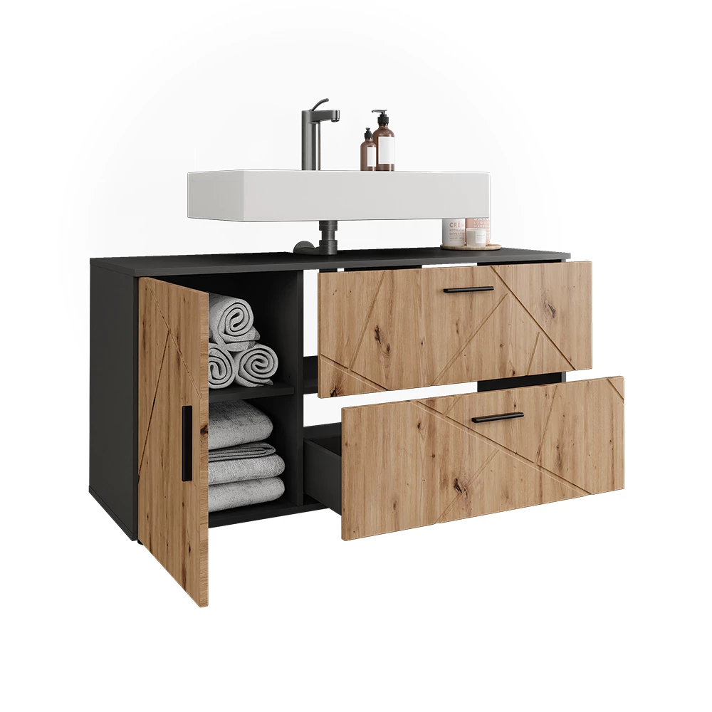 Nahaufnahme von Waschbeckenunterschrank in Anthrazit/Artisan, zeigt Design- und Oberflächendetails