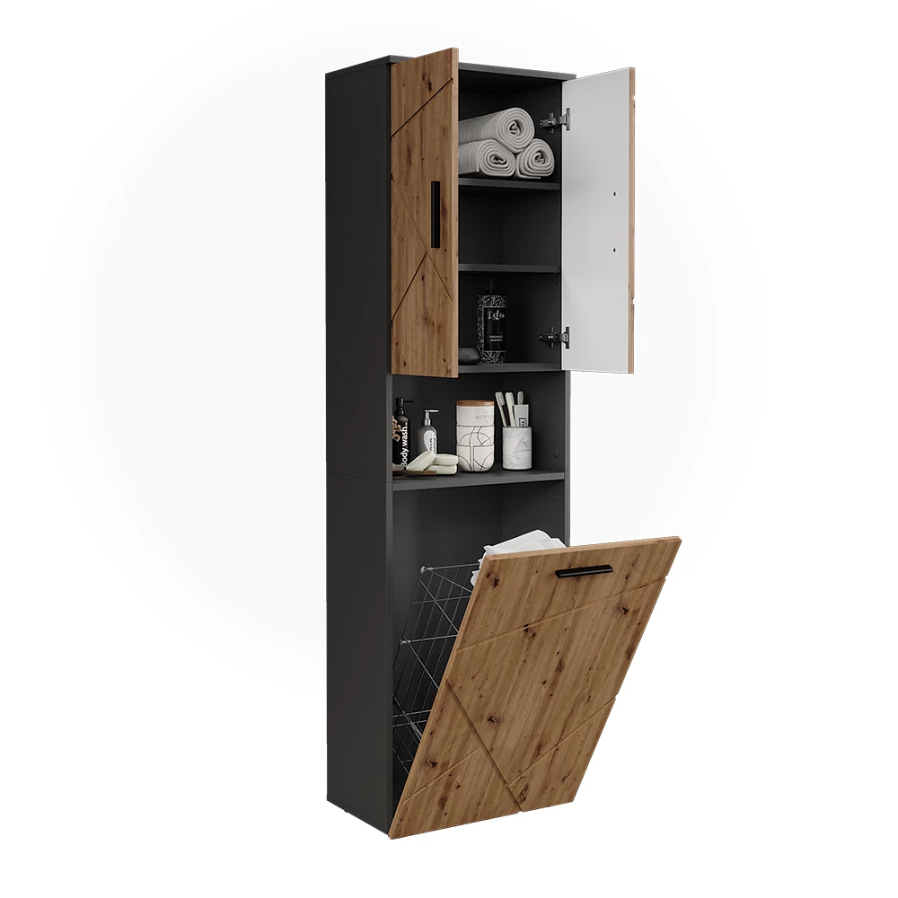 Nahaufnahme von Hochschrank in Anthrazit/Artisan, zeigt Design- und Oberflächendetails
