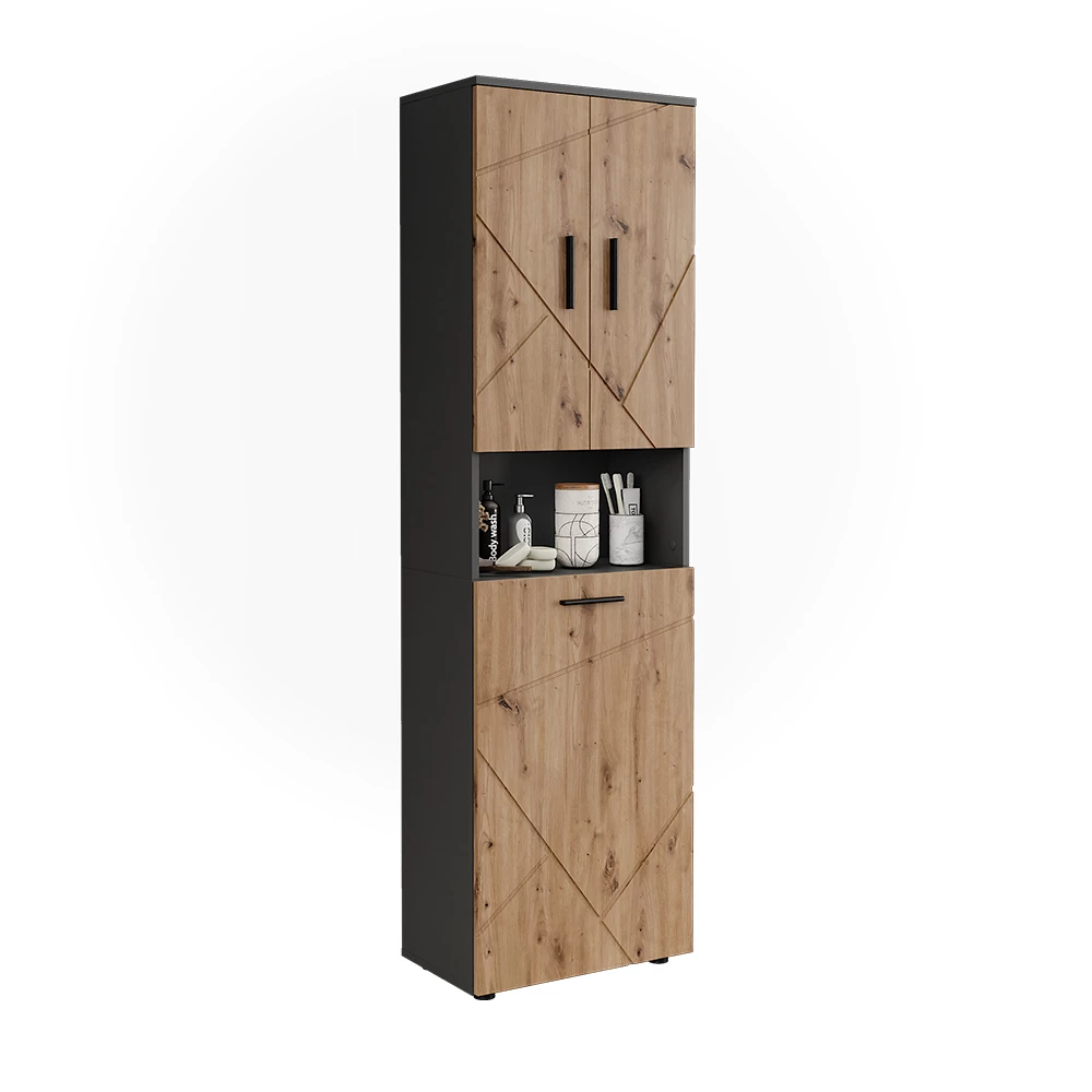 Hochschrank in Anthrazit/Artisan auf weißem Hintergrund mit dekorativen Elementen