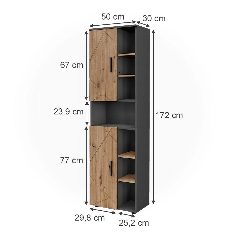 Hochschrank in Anthrazit/Artisan auf weißem Hintergrund mit sichtbaren Maßen
