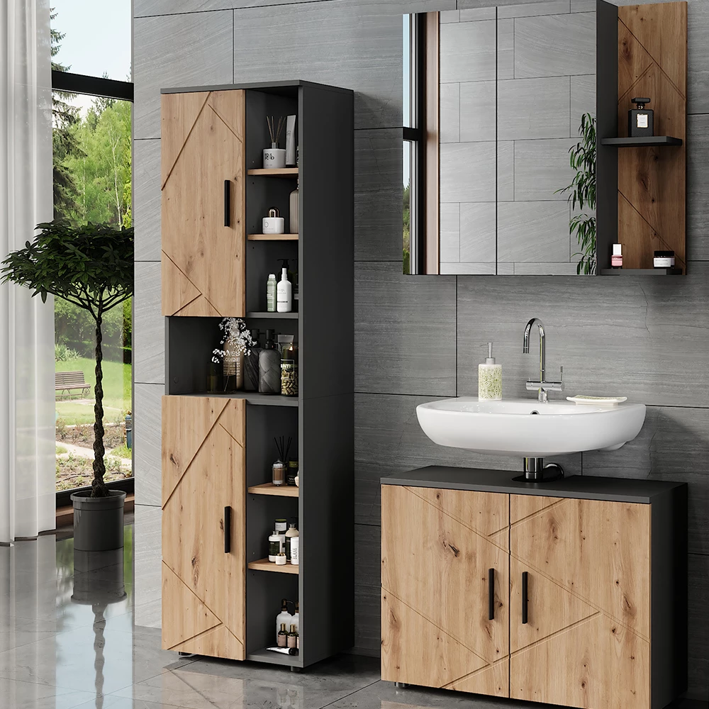 Hochschrank in Anthrazit/Artisan, dargestellt im Ambiente mit Dekoration