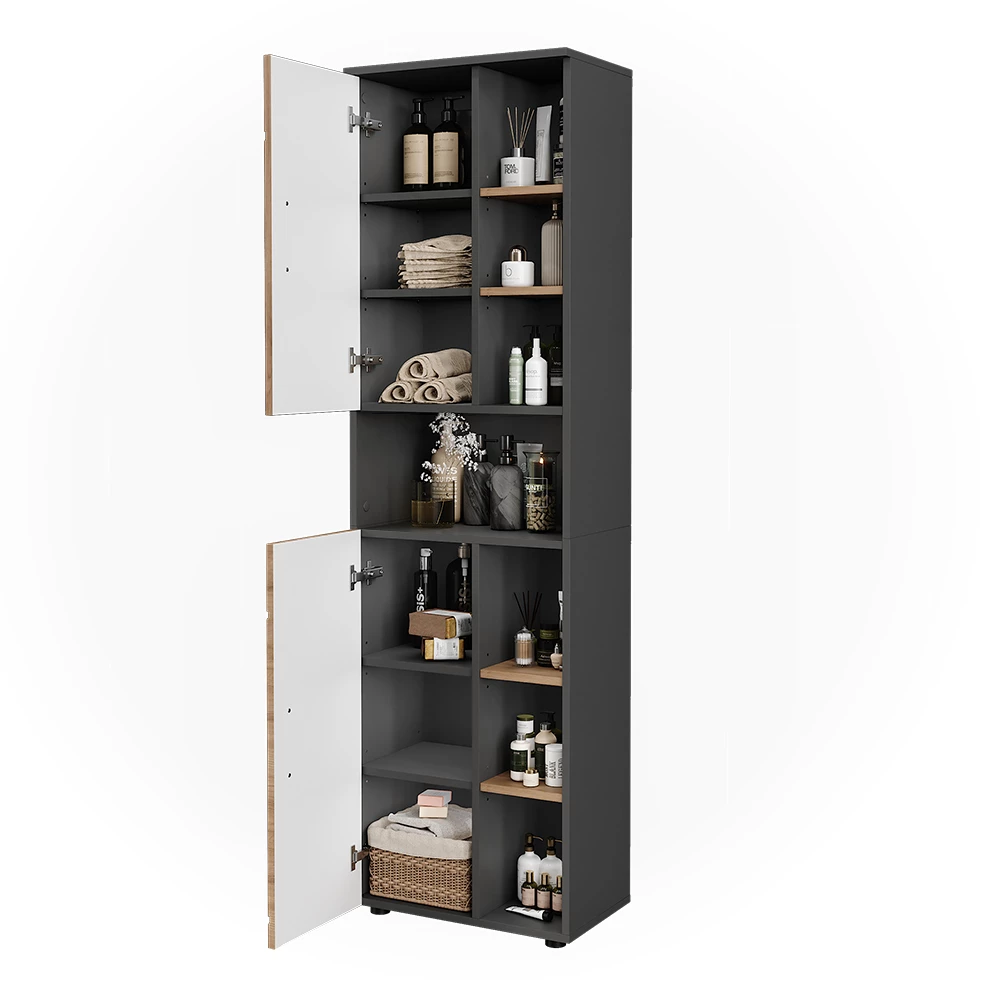 Nahaufnahme von Hochschrank in Anthrazit/Artisan, zeigt Design- und Oberflächendetails