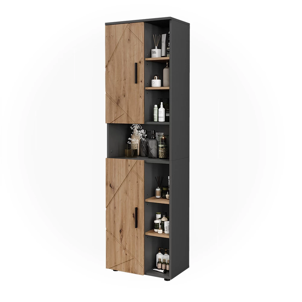Hochschrank in Anthrazit/Artisan auf weißem Hintergrund mit dekorativen Elementen