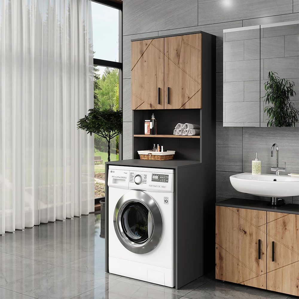 Aufbau für Waschmaschinenschrank in Anthrazit/Artisan, dargestellt im Ambiente mit Dekoration