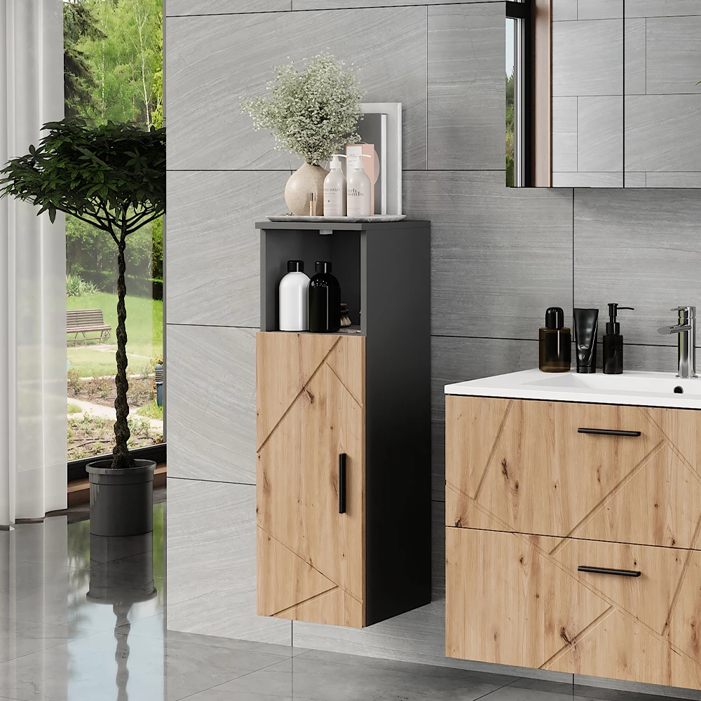 Midischrank in Anthrazit/Artisan, dargestellt im Ambiente mit Dekoration