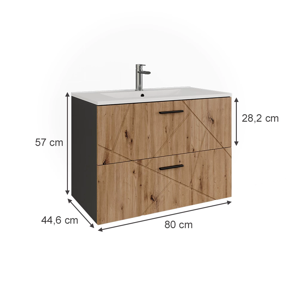 Mobiletto per lavabo in Antracite/Artisan su sfondo bianco con dimensioni visibili