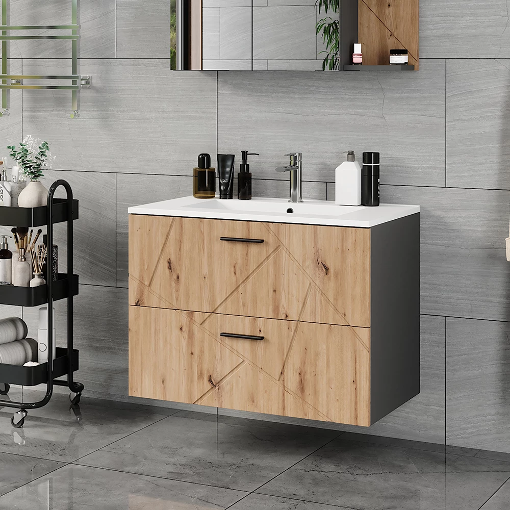 Mobiletto per lavabo in Antracite/Artisan, mostrato in un ambiente ambientale con decorazioni