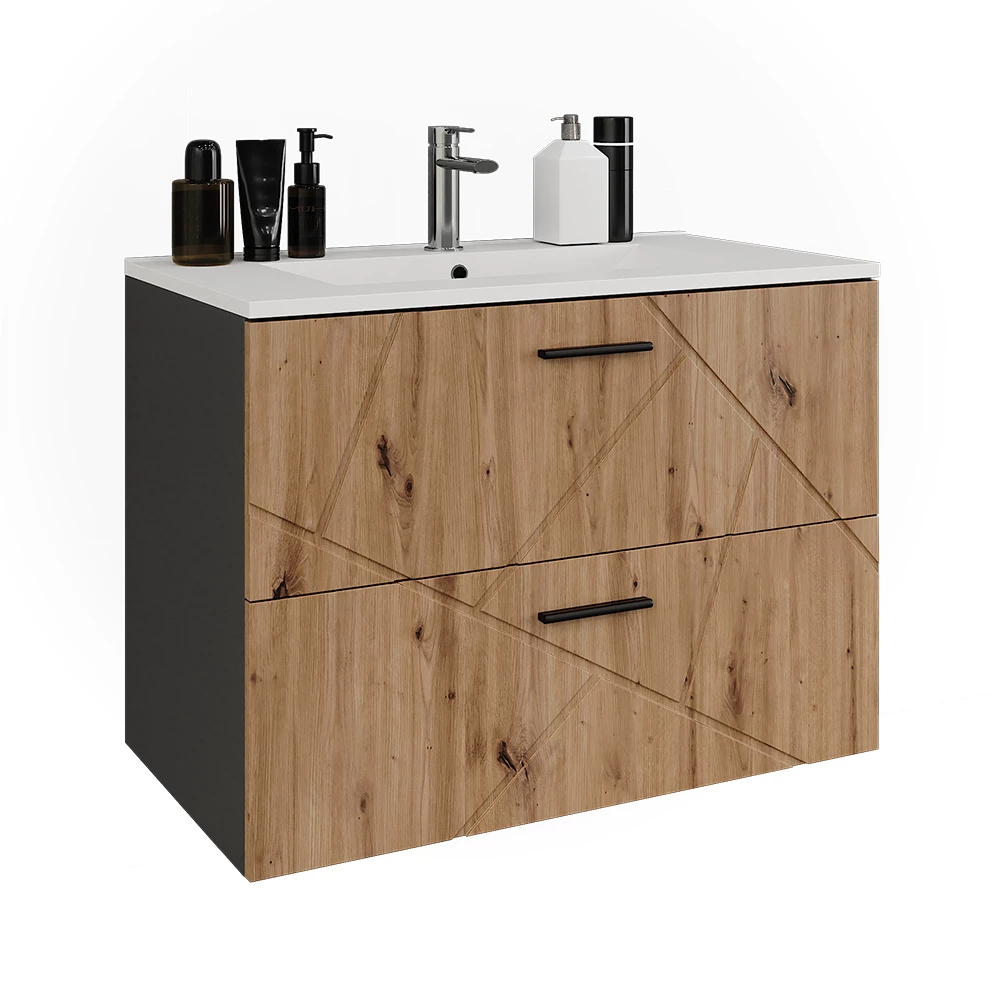 Set di mobili da bagno in Antracite/Artisan su sfondo bianco con elementi decorativi