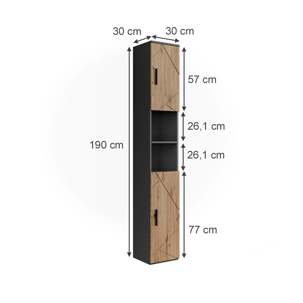 Hoge kast in Antraciet/Artisan op een witte achtergrond met zichtbare afmetingen