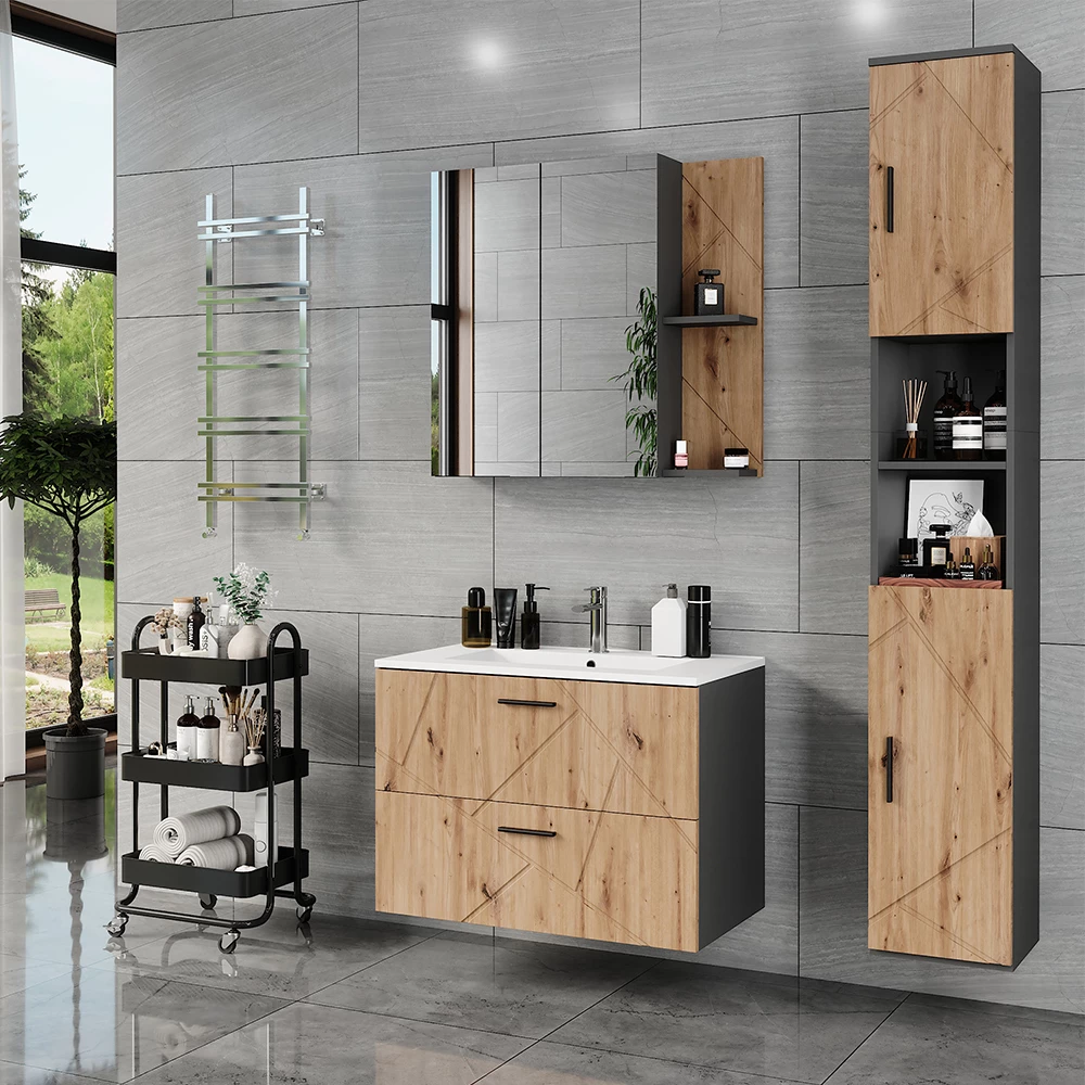 Hoge kast in Antraciet/Artisan, getoond in een sfeervolle omgeving met decoratie