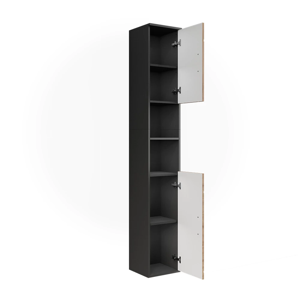 Close-up van Hoge kast in Antraciet/Artisan, met ontwerp- en oppervlakte-details
