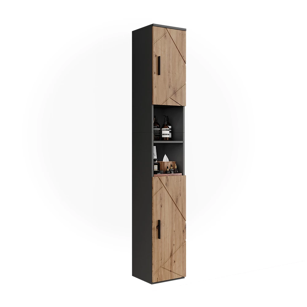 Hoge kast in Antraciet/Artisan op een witte achtergrond met decoratieve elementen