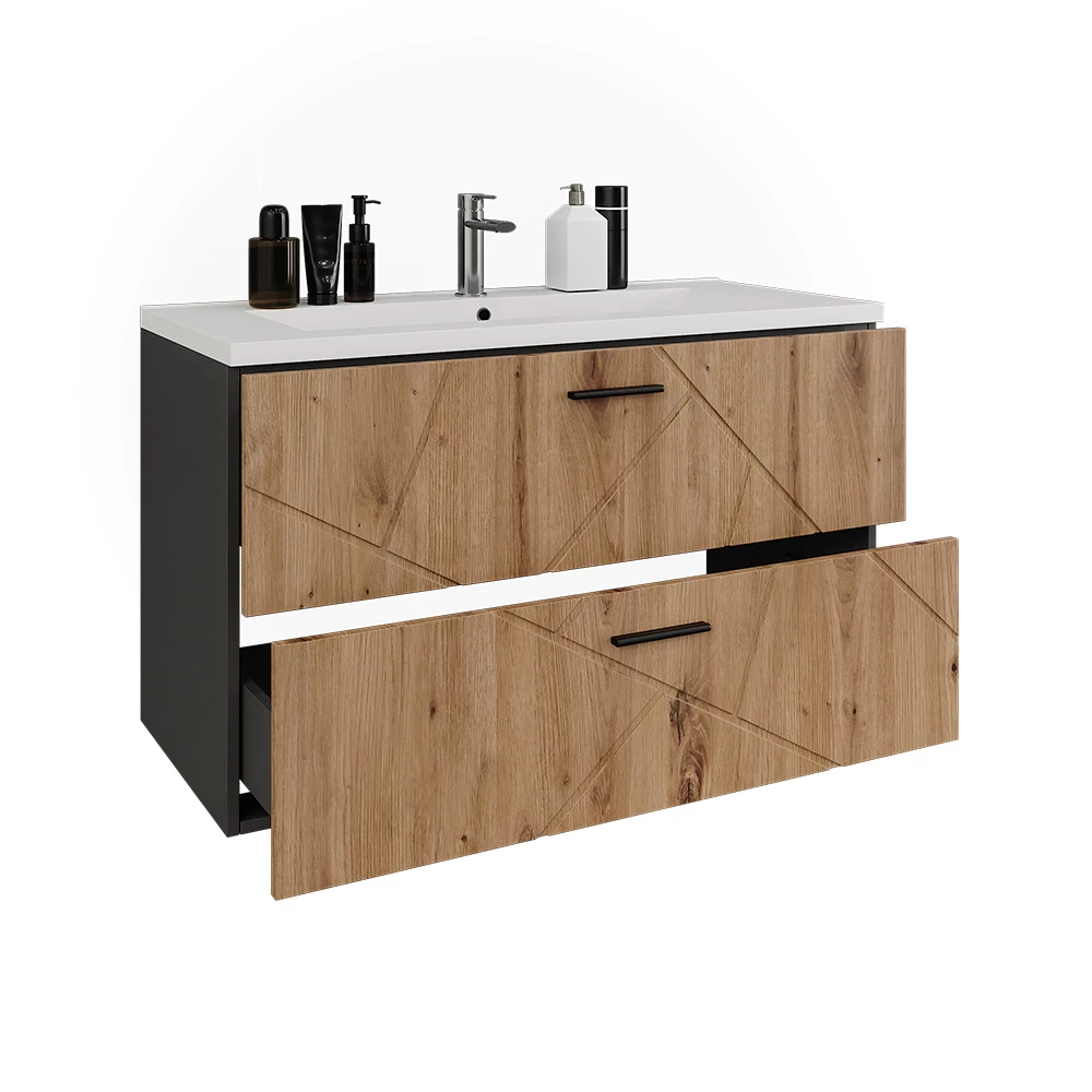 Nahaufnahme von Badmöbel-Set in Anthrazit/Artisan, zeigt Design- und Oberflächendetails