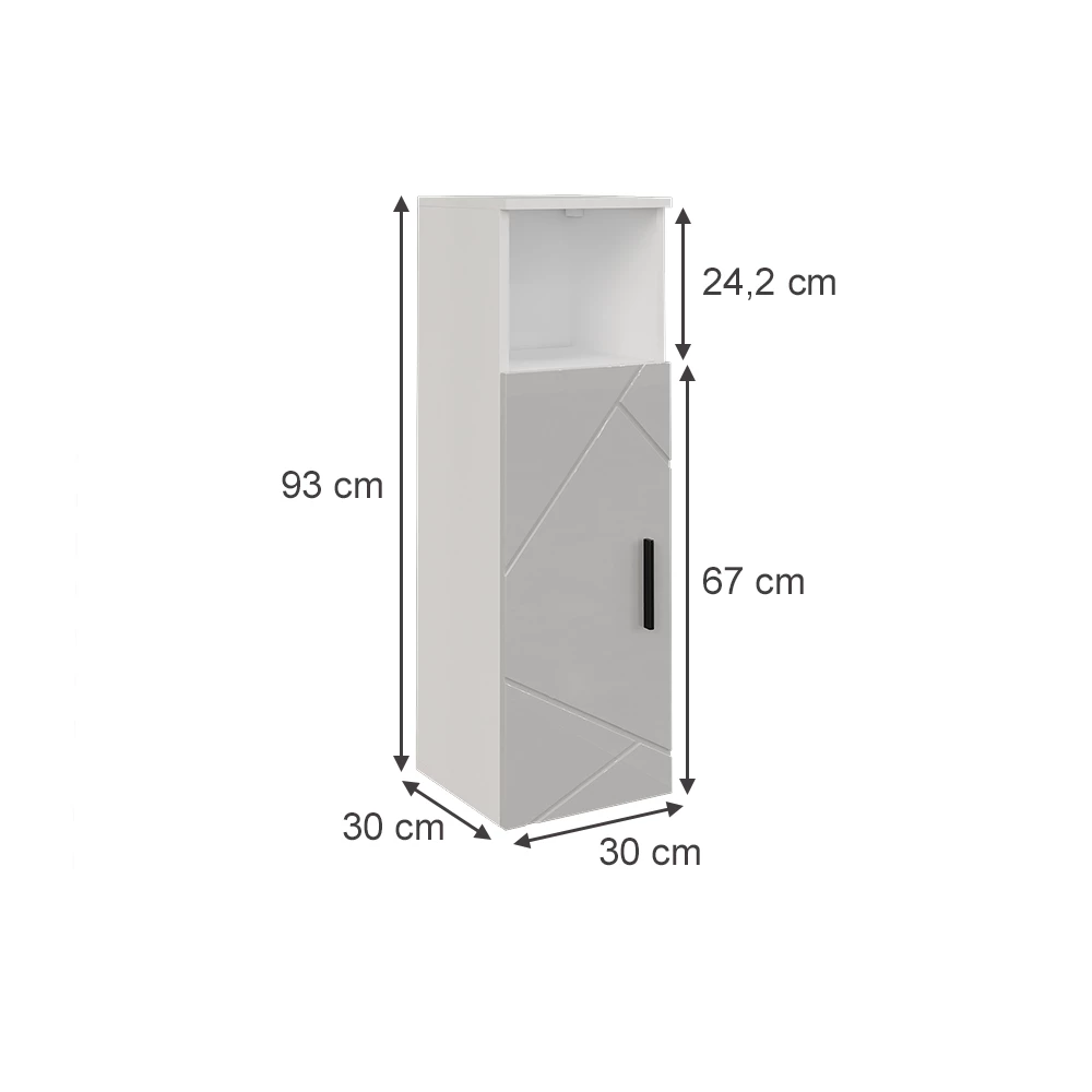 Midischrank in Weiß/Weiß Hochglanz auf weißem Hintergrund mit sichtbaren Maßen