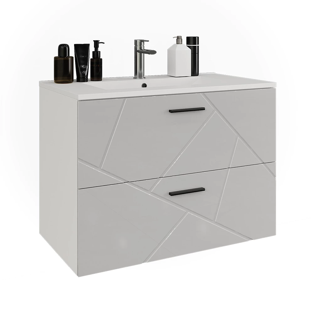 Badkamermeubelset in Wit/wit hoogglans op een witte achtergrond met decoratieve elementen