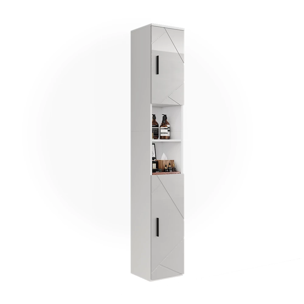Mobile alto in Bianco/bianco lucido su sfondo bianco con elementi decorativi