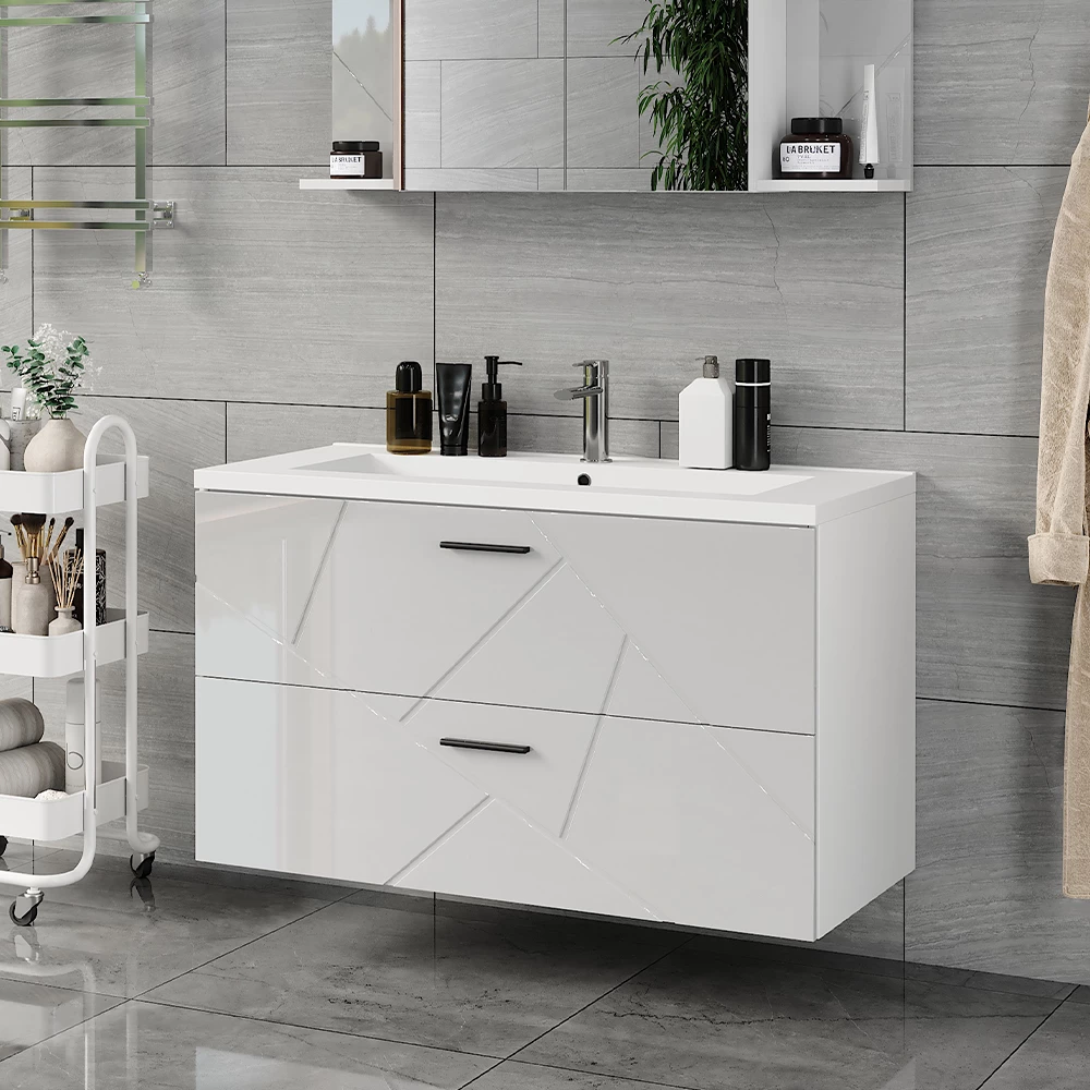 Wastafelonderbouw in Wit/wit hoogglans, getoond in een sfeervolle omgeving met decoratie