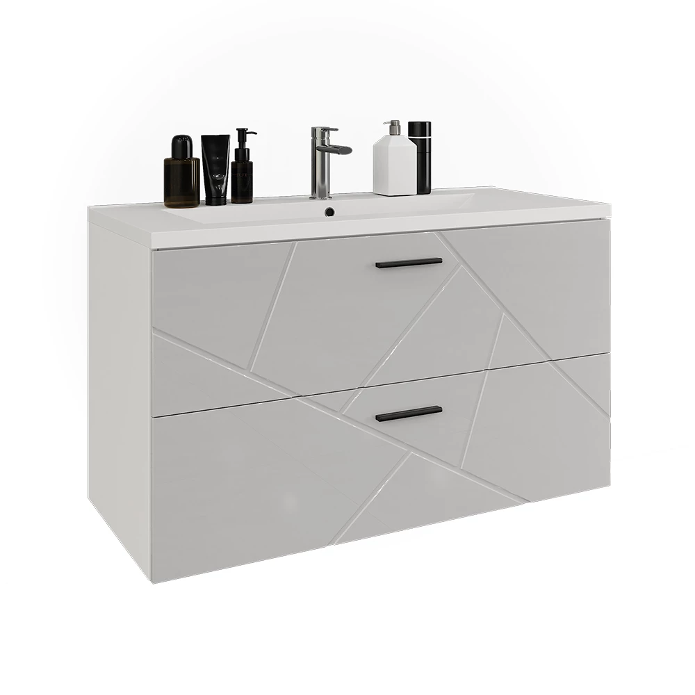 Badkamermeubelset in Wit/wit hoogglans op een witte achtergrond met decoratieve elementen