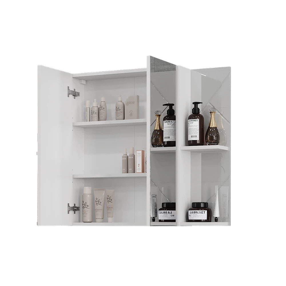 Nahaufnahme von Badspiegelschrank in Weiß/Weiß Hochglanz, zeigt Design- und Oberflächendetails