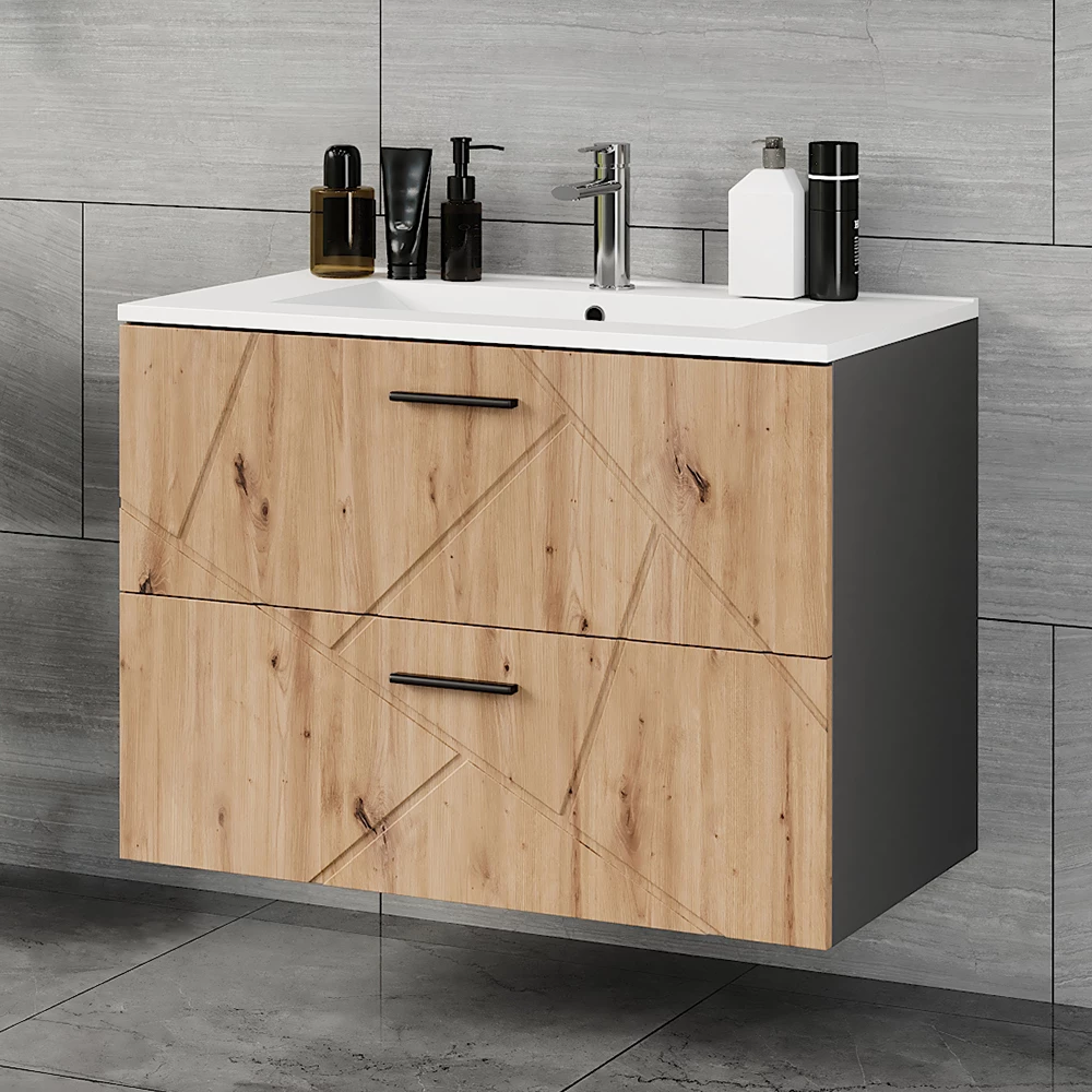 Badkamermeubelset in Antraciet/Artisan, getoond in een sfeervolle omgeving met decoratie