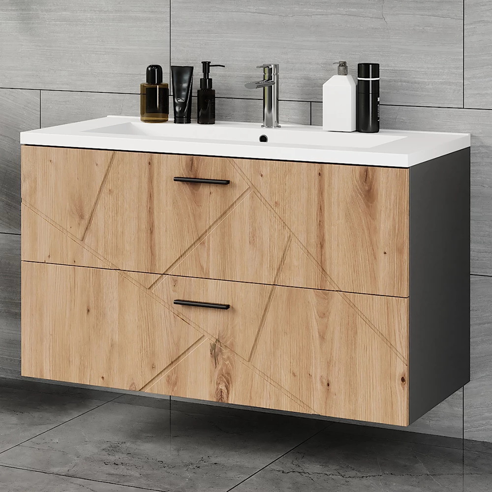 Badmöbel-Set in Anthrazit/Artisan, dargestellt im Ambiente mit Dekoration