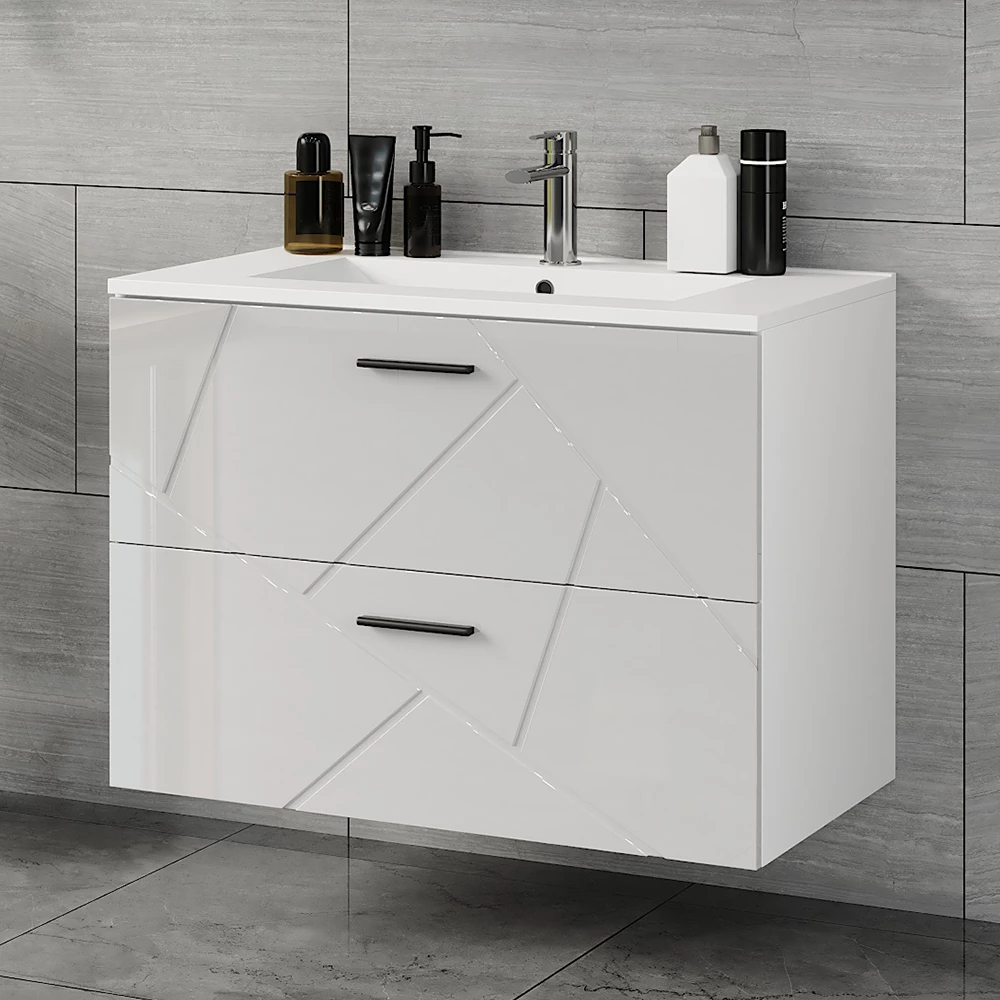 Badkamermeubelset in Wit/wit hoogglans, getoond in een sfeervolle omgeving met decoratie