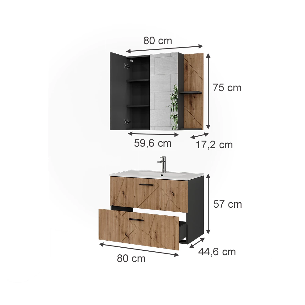 Badmöbel-Set in Anthrazit/Artisan auf weißem Hintergrund mit sichtbaren Maßen