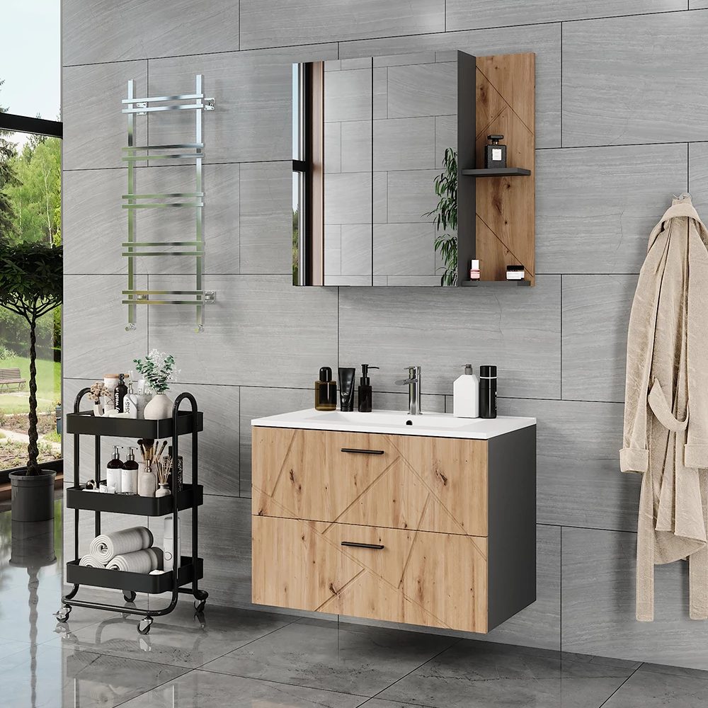 Badmöbel-Set in Anthrazit/Artisan, dargestellt im Ambiente mit Dekoration
