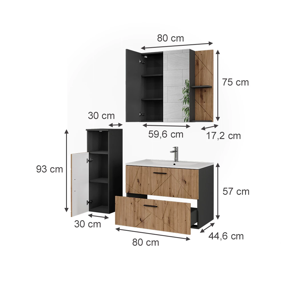 Badmöbel-Set in Anthrazit/Artisan auf weißem Hintergrund mit sichtbaren Maßen